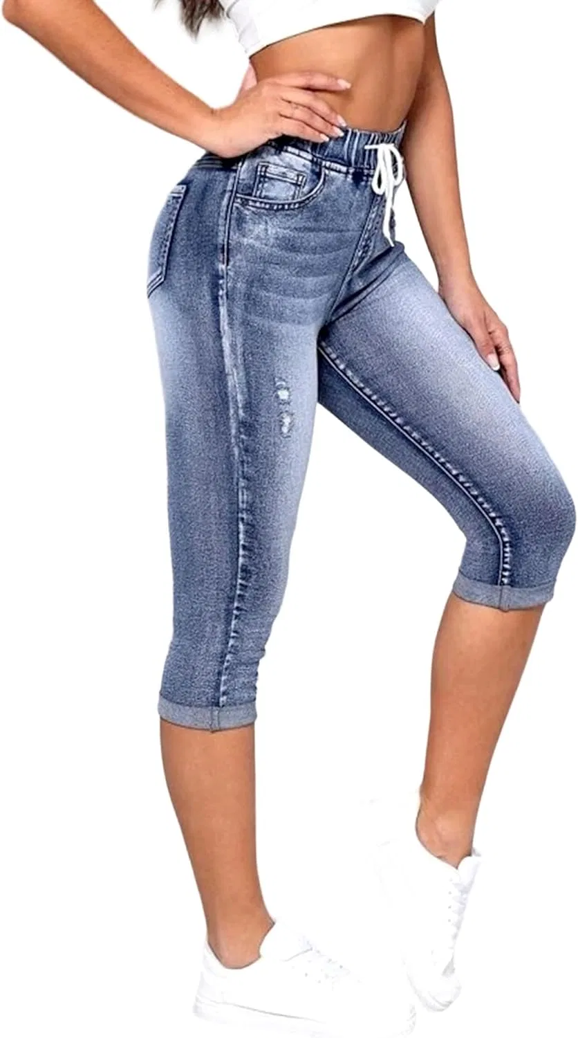 Джинсы с высокой талией, капри, Slim Fit, Blue