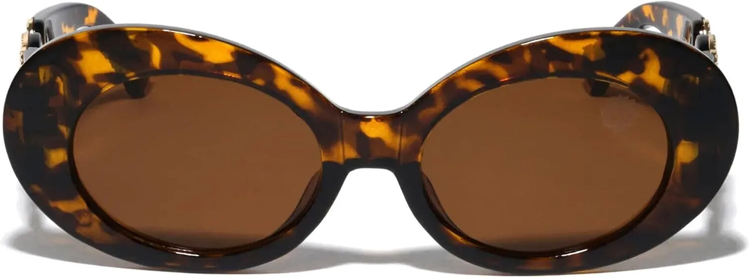 

Женские солнцезащитные очки Dweebzilla круглой овальной формы с золотым медальоном в виде головы льва и «глаза насекомого», Tortoise & Gold Frame - Solid Brown Lenses