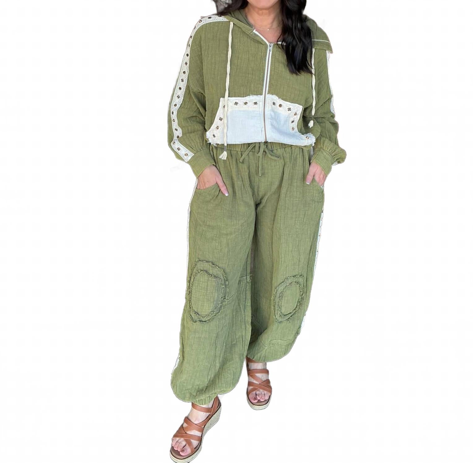 

Винтажные спортивные брюки с отделкой заклепками оливково-зеленого цвета Pol, оливково-зеленый