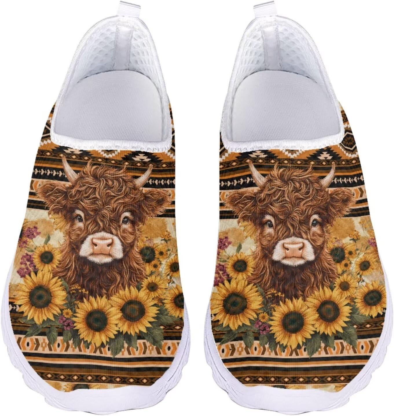 

Женские слипоны Jeiento для ходьбы с животным принтом, легкие кеды-тапочки, сетчатые теннисные кроссовки унисекс, пляжная водная обувь, Sunflower Southwestern Tribal Highland Cow