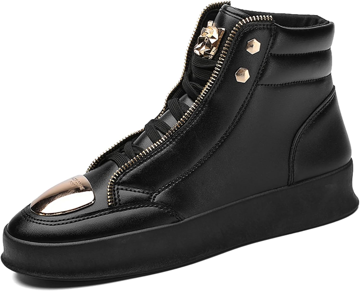

Мужские высокие кожаные кроссовки на шнуровке с платформой, удобные, противоскользящие, с металлическим декором, в корейском стиле, модные повседневные обувь для работы, уличных танцев Qklmwes, черный