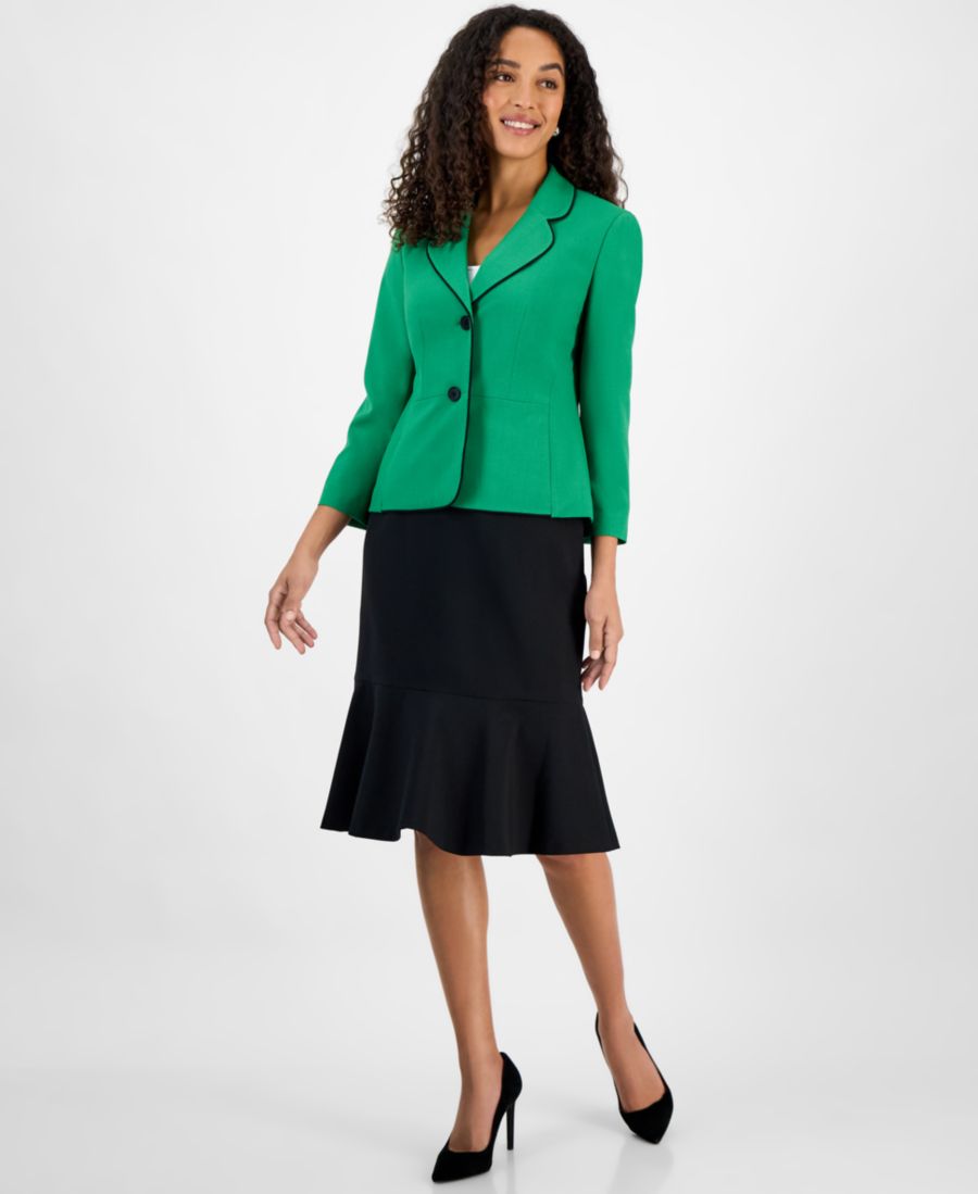 

Женский комплект: жакет с отложным воротником и двумя пуговицами и юбка миди с воланами по низу Le Suit, Verde/Black