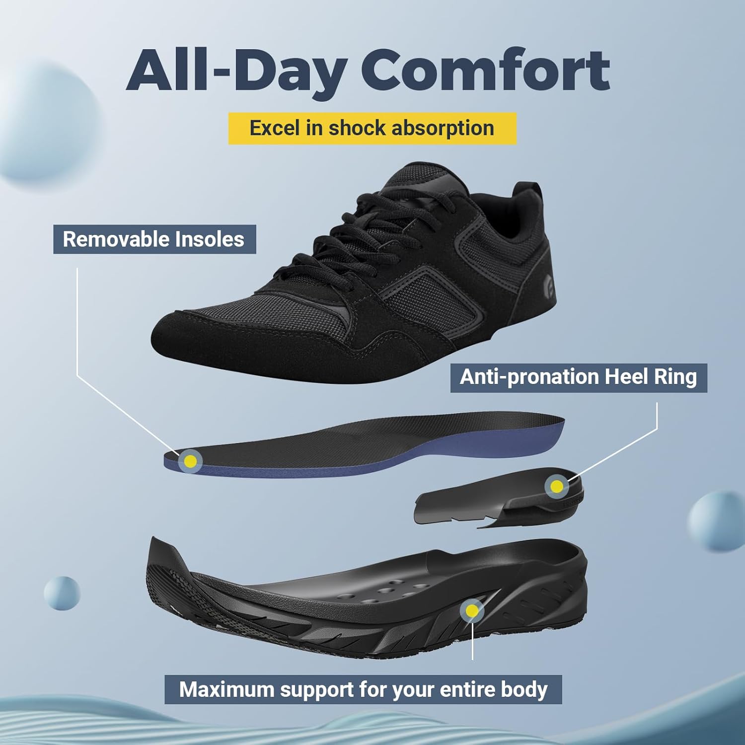 Мужские кроссовки FitVille Extra Wide Walking Shoes с широкой колодкой, поддержкой свода стопы и облегчением боли в пятках при плоскостопии - Rebound NEO V2, черный — фото 3