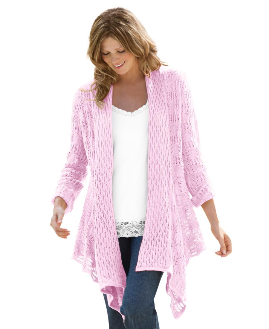 

Кардиган большого размера с открытой передней частью и ажурной отделкой Woman Within, Pink