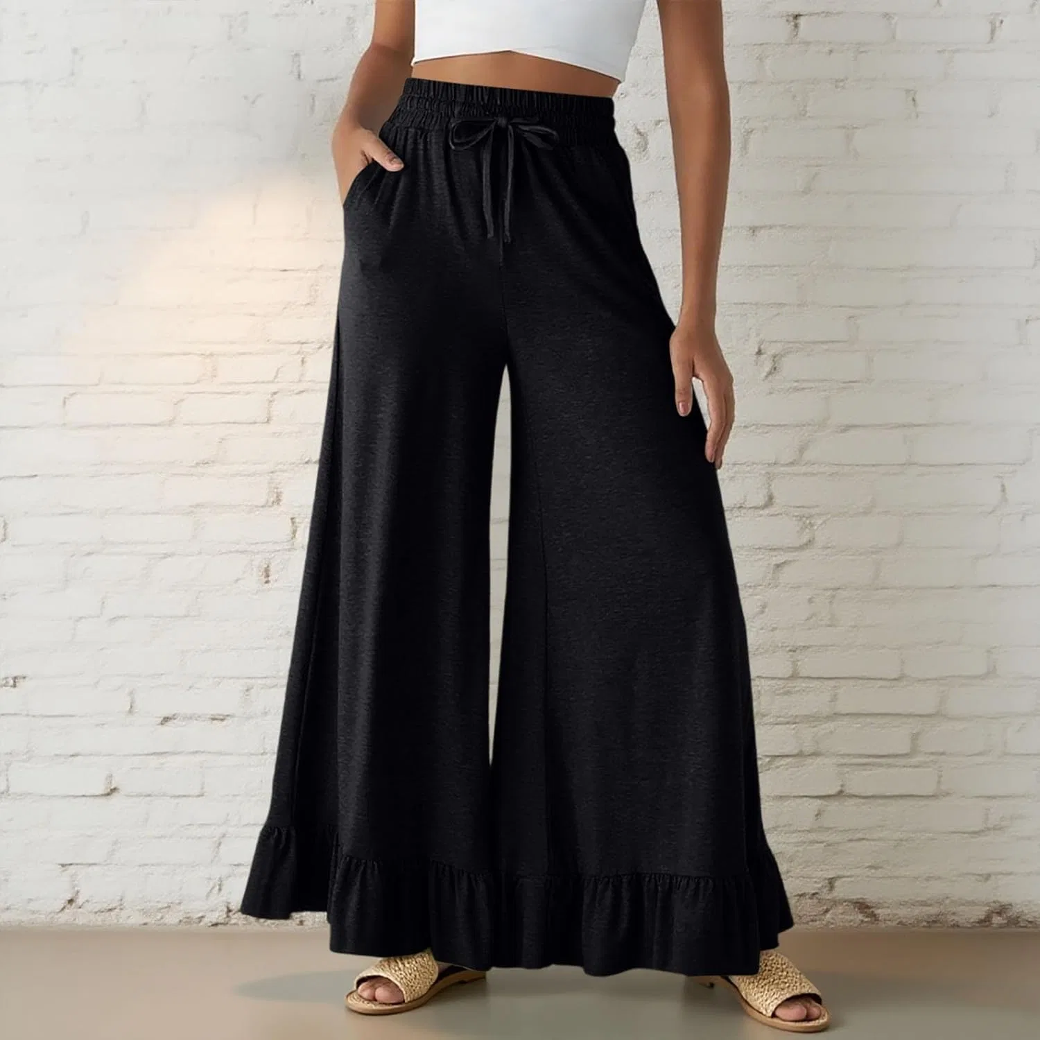 Женские широкие брюки Casual с высокой посадкой, льняные, на кулиске и резинке, модные бохо-лаунж с карманами Generic, черный — фото 2
