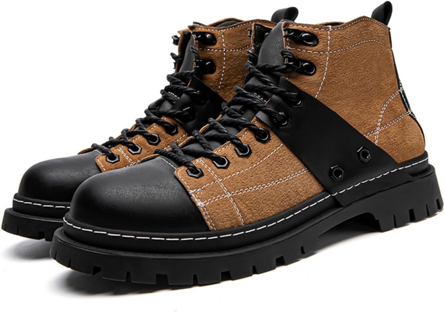 

Мужские модные ботинки чукка на высокой подошве из замши и кожи с двухцветной отделкой, шнуровкой, ретро с круглым носком, противоскользящие повседневные ботинки для вождения и прогулок на улице Qwuieoin, коричневый