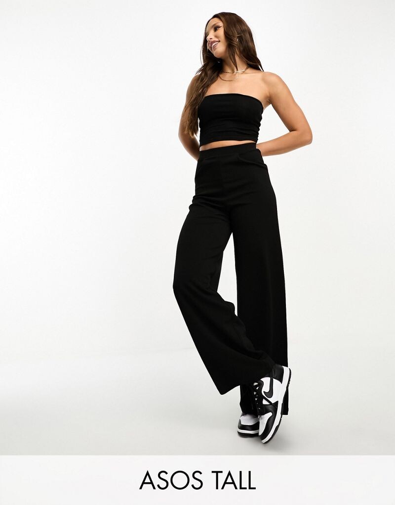 

Черные широкие брюки из джерси ASOS DESIGN Tall