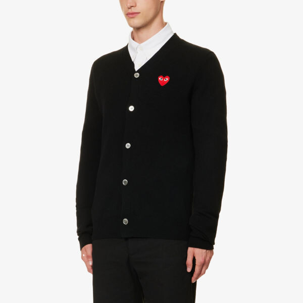 Шерстяной кардиган с V-образным вырезом и вышитым логотипом Comme des Garçons, черный — фото 3
