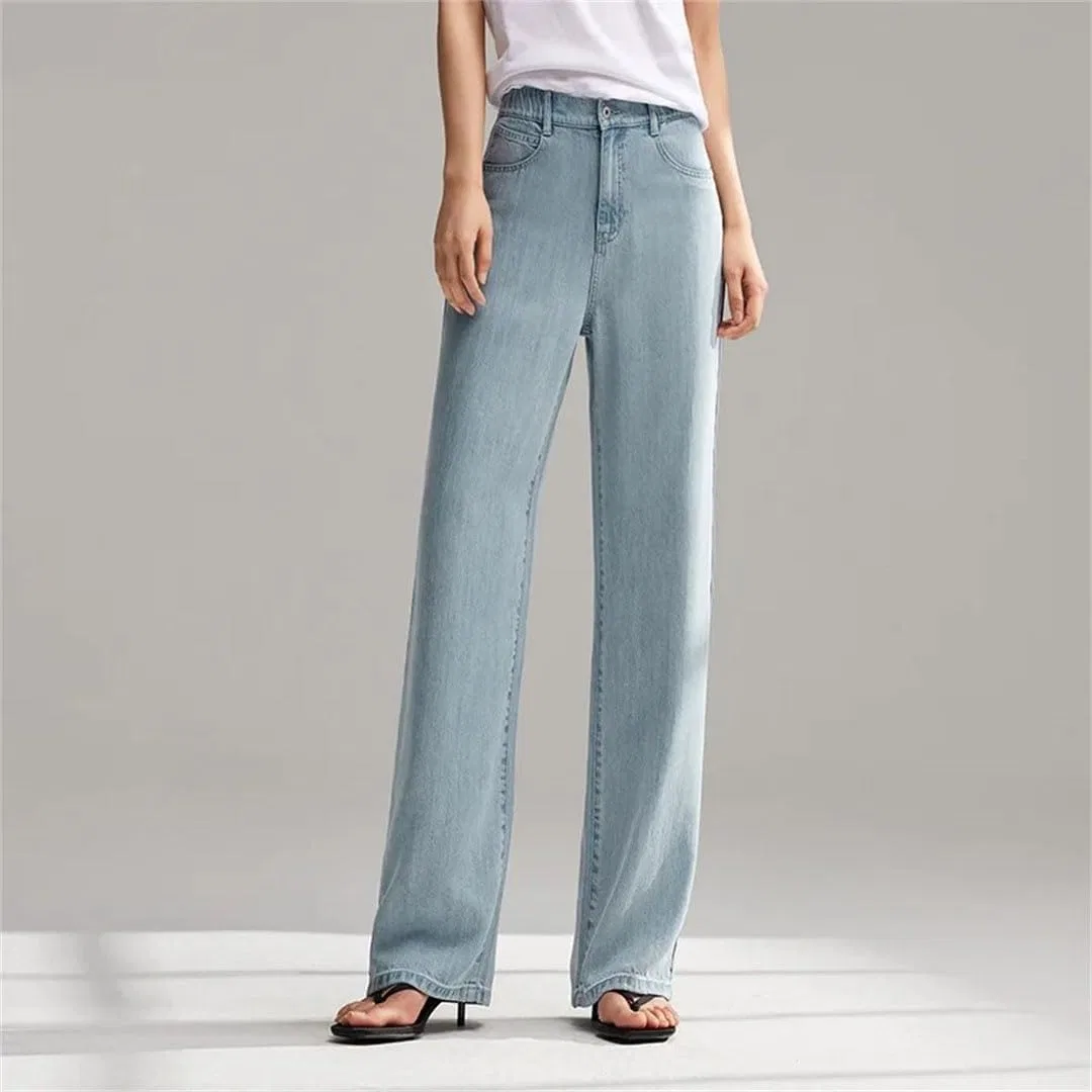 Джинсы широкие, Light Medium Blue, Women Elastic Waist Long Jeans Summer Cool Feeling Wide Leg Trousers Comfort Fit — фото 2
