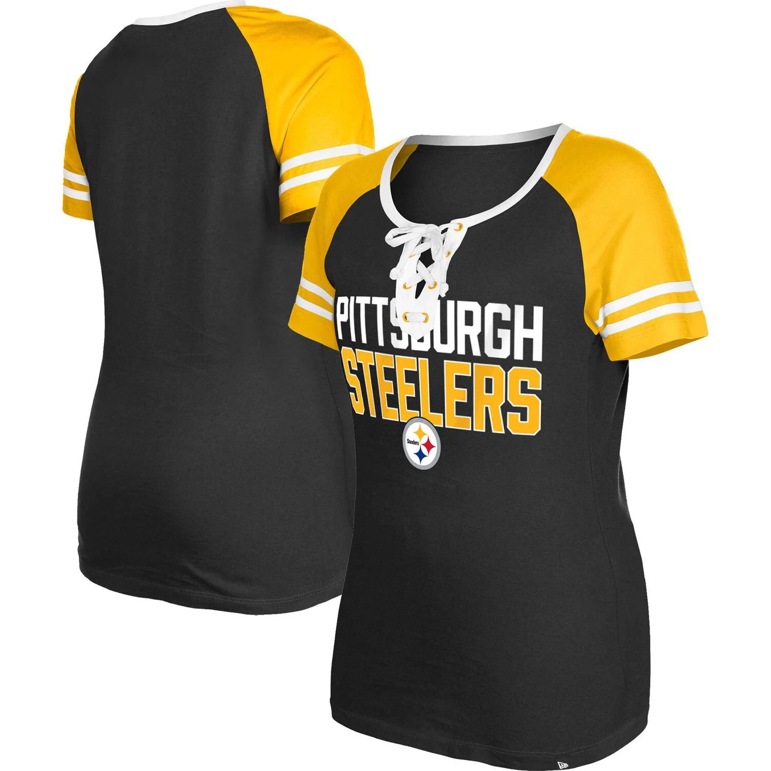 

Женская черная футболка New Era со шнуровкой реглан Pittsburgh Steelers New Era, Черный, Женская черная футболка New Era со шнуровкой реглан Pittsburgh Steelers New Era