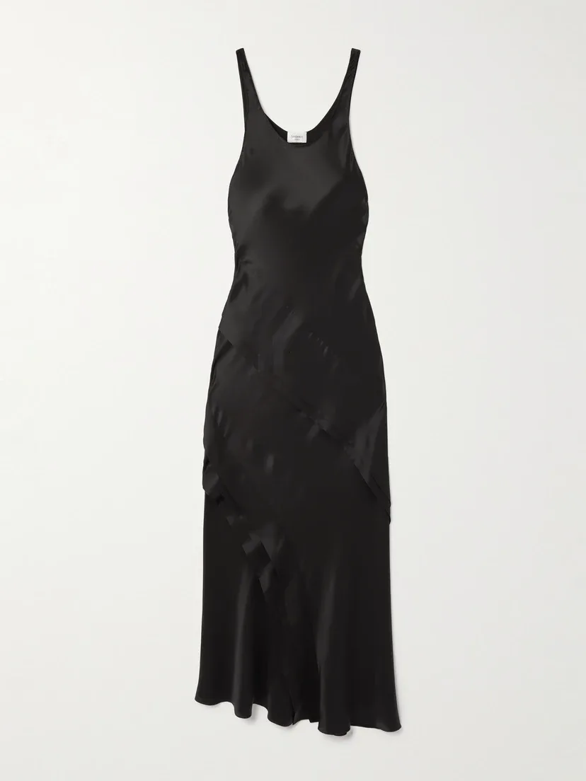 Асимметричное многоярусное макси-платье из шелкового сатина SAINT LAURENT, черный