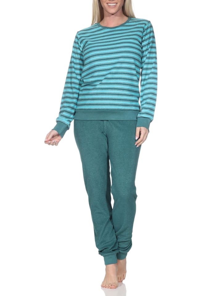 

NORMANN Пижама из махровой ткани с длинными рукавами, манжетами и полосатым узором бирюзового цвета