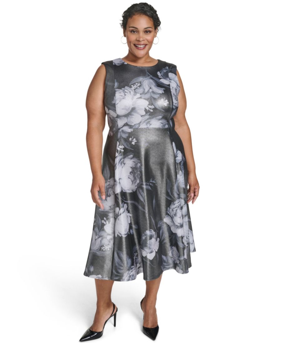 

Платье без рукавов с вырезом-лодочкой большого размера Calvin Klein, Black/Silver Foil