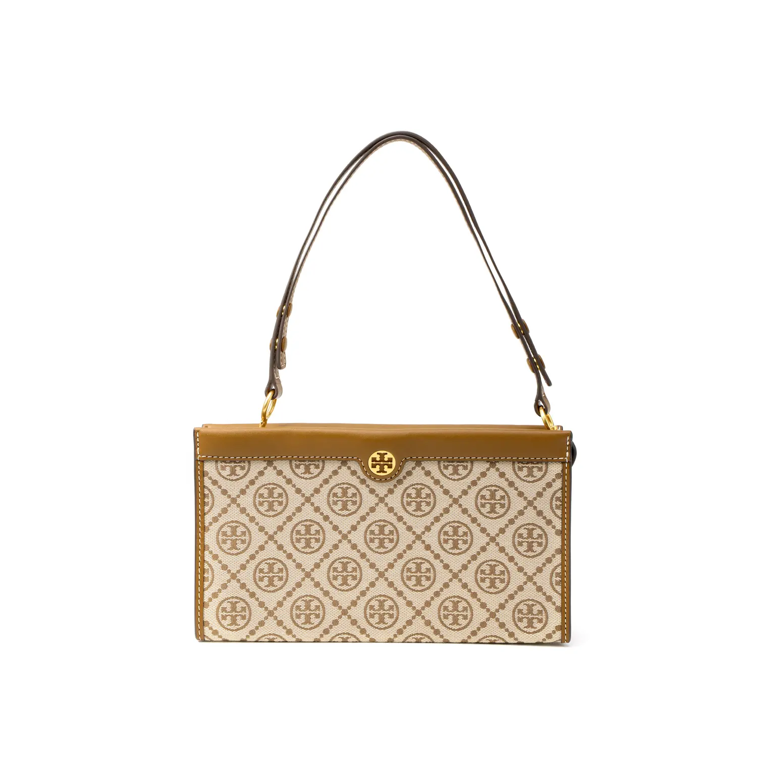 

TORY BURCH Сумка-мешок для хранения из тканого жаккарда с монограммой T и кожей, мини-сумка через плечо, женская, коричневого цвета