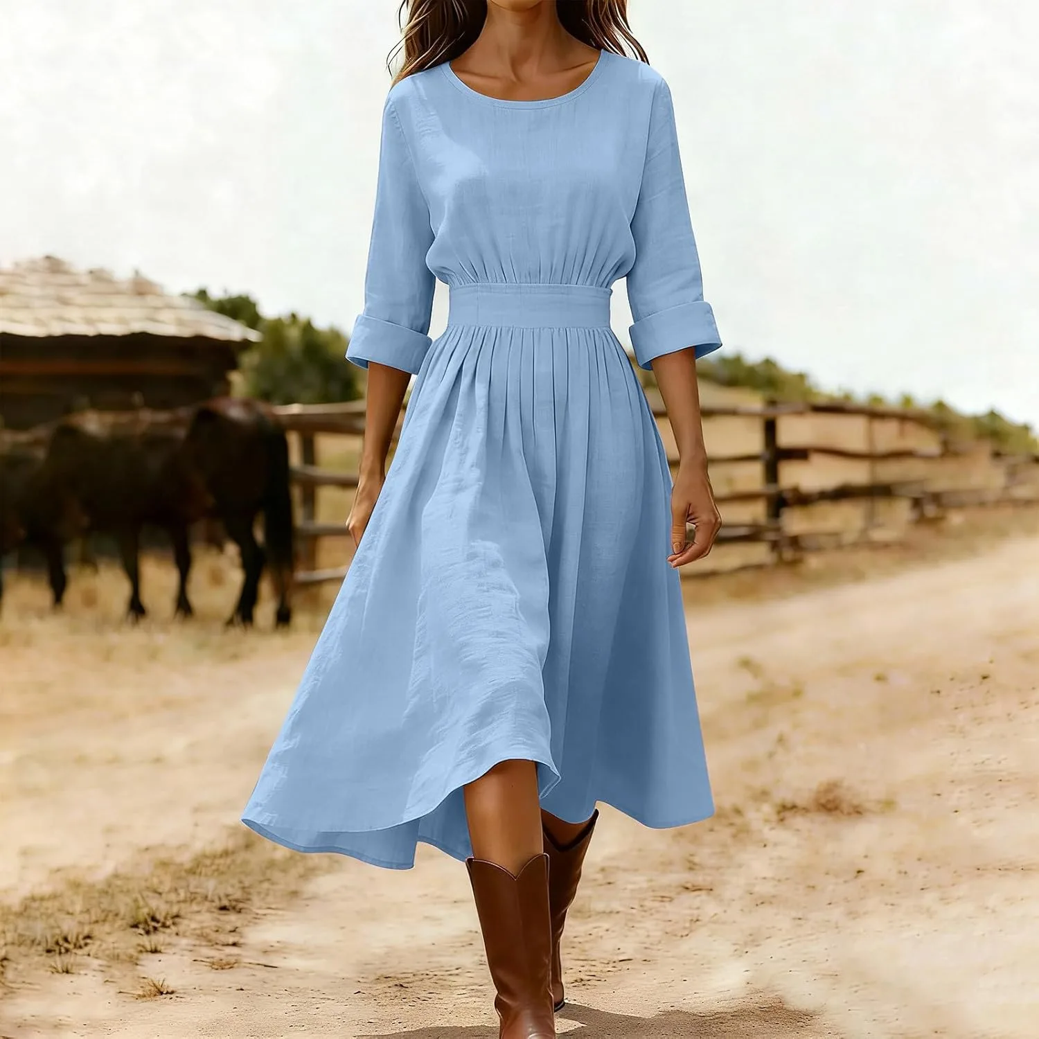 Платье Generic Cotton Linen Midi, светло-синий