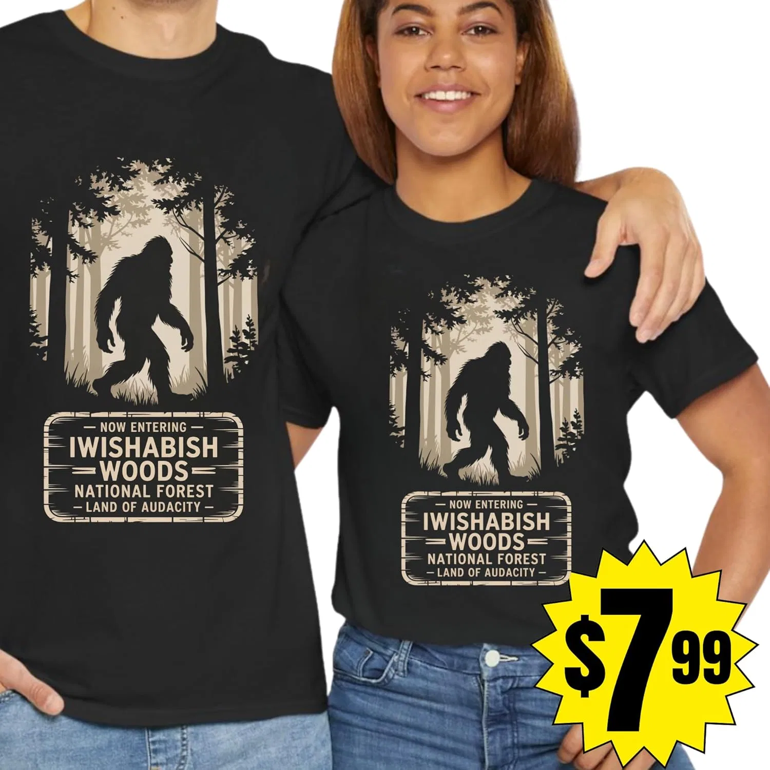 IWISHABISH Woods Bigfoot Shirt - Футболка с принтом "Веселый Сасквоч", унисекс графическая футболка, саркастичный лесной юмор в подарок для мужчин и женщин GENERIC, черный — фото 4