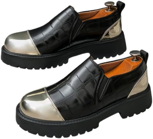 

Мужские массивные лоферы на платформе с толстой подошвой и текстурой под крокодила золотистого оттенка - слипоны с круглым носком, верхняя часть и резиновая подошва для увеличения роста Minlaidian