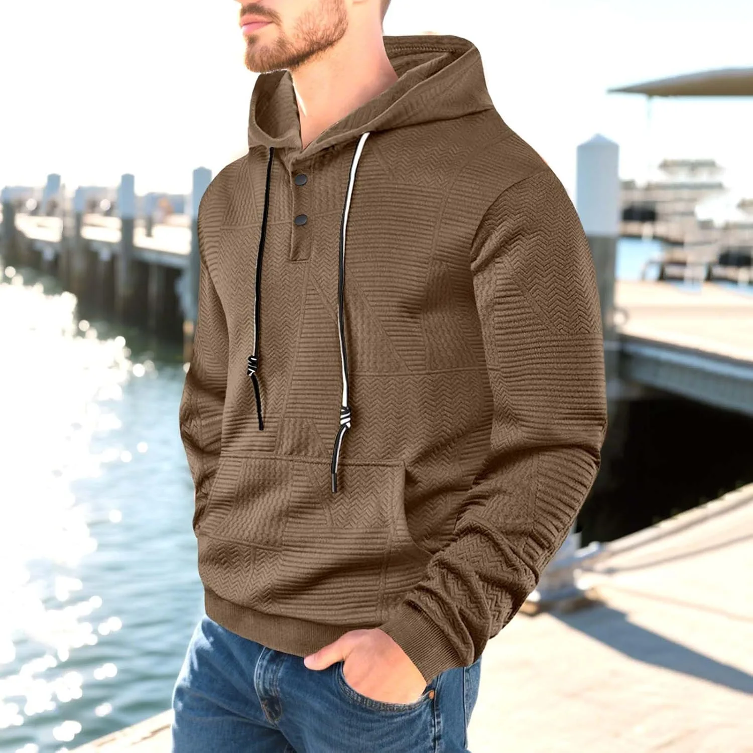 Мужской джерси пуловер с капюшоном и кнопками Slim Fit — фото 2