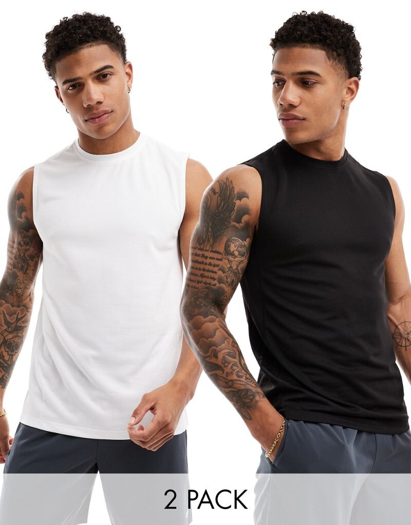 

Комплект быстросохнущих футболок без рукавов ASOS 4505 Icon для тренировок (2 пары черно-белых)