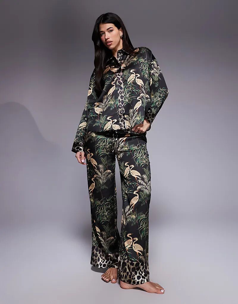 

Пижамный комплект River Island из сатина с принтом птиц, черный