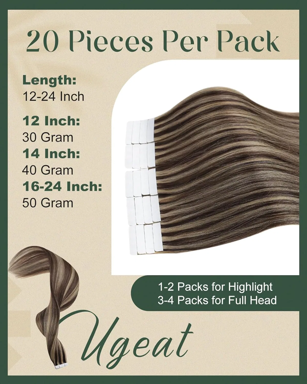 Ленточные накладные волосы Ugeat Real Hair, 35 см, темно-коричневые с карамельными прядями Ugeat — фото 4