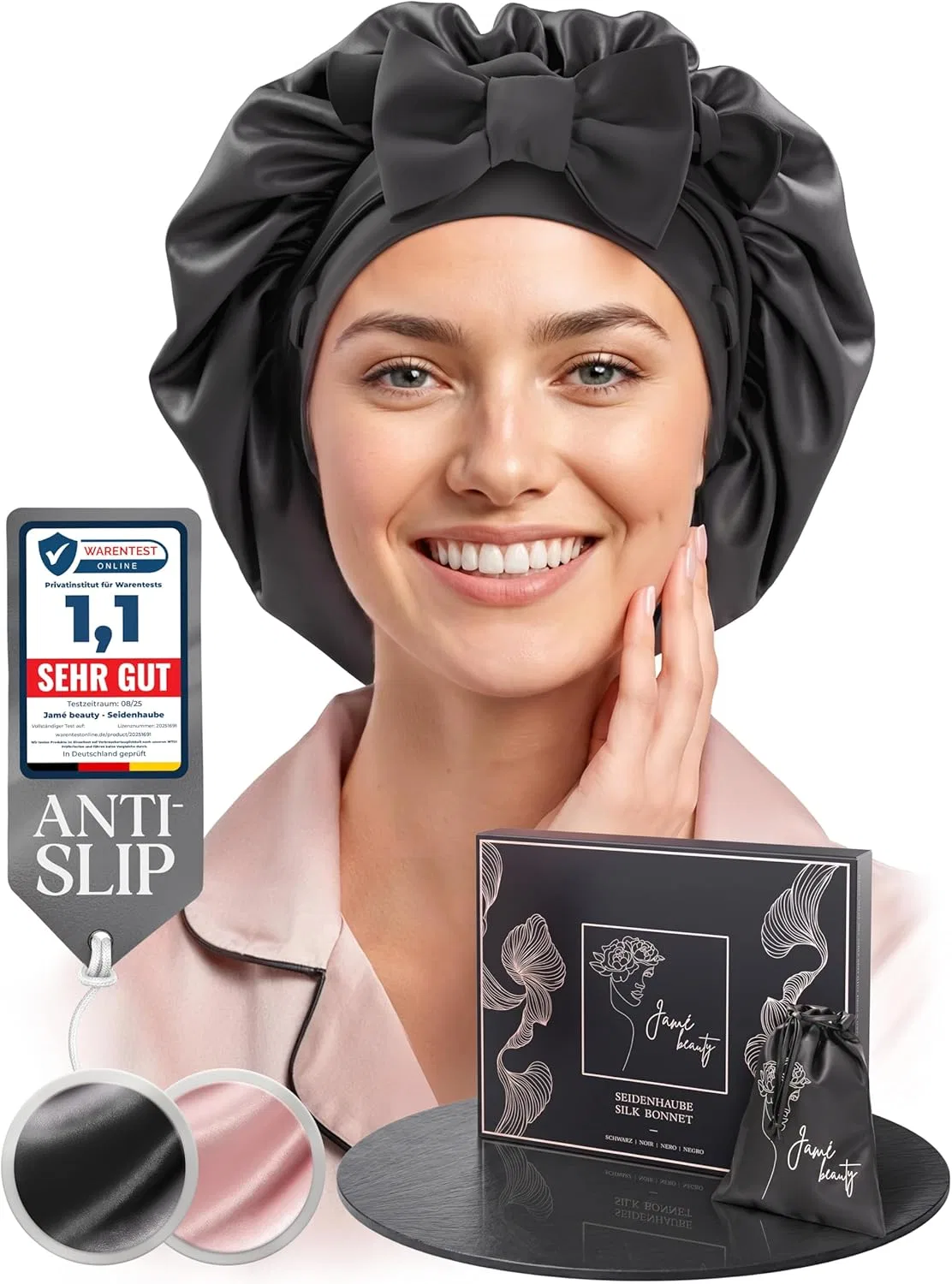 Шелковая шапочка для сна из 100% тутового шелка Jamé Beauty, Black