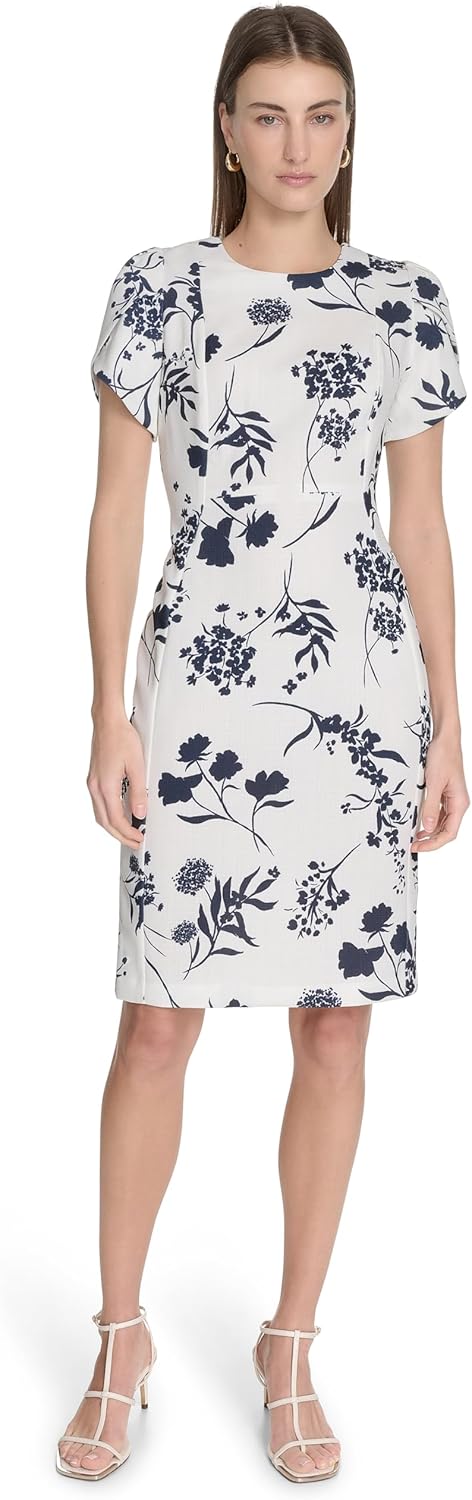 

Женское мини-платье Calvin Klein Tulip с короткими рукавами из крепа Scuba, Cream/Indigo