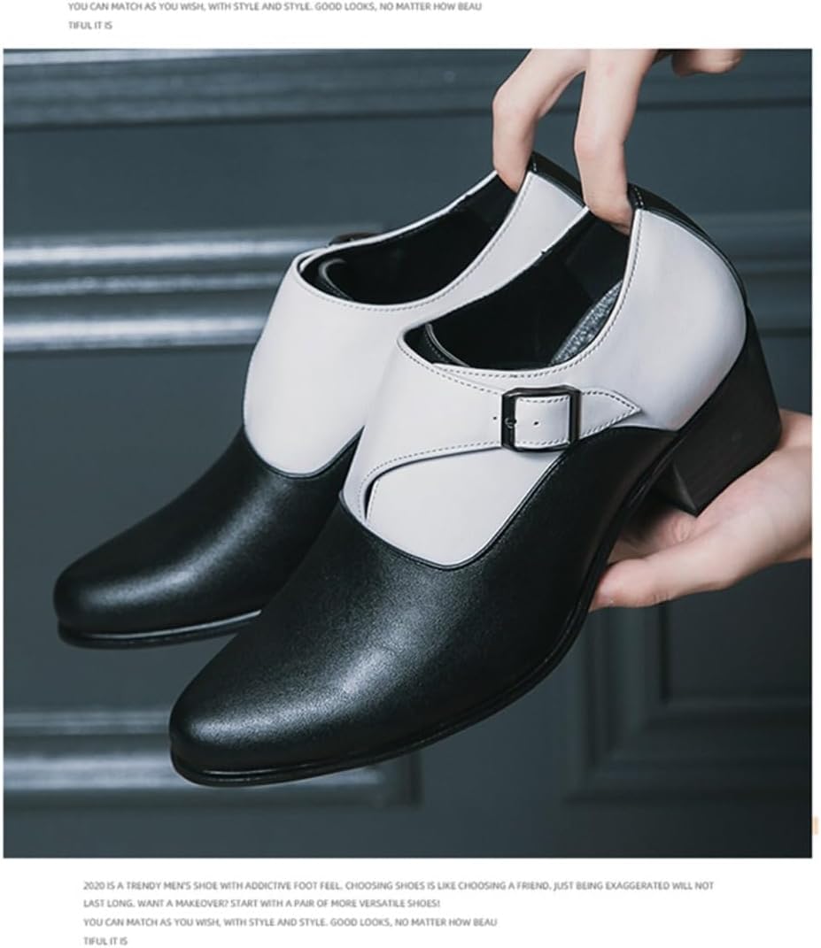 Мужские туфли Monk Strap Классические Ретро Формальные Деловые Лоферы Легкие Кожаные Слипоны Комфортные С Высоким Каблуком Однотонные Заостренные Носки С Пряжкой Для Офиса Оксфорды Повседневные Элегантные Свадебные Обувь Geerta, белый/черный — фото 3