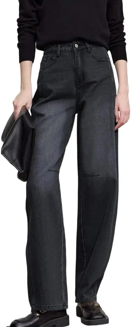 Джинсы свободные, Women's Casual Stretchy Wide-Leg Jeans Retro Loose Fit Long Trousers, джинсовый серый
