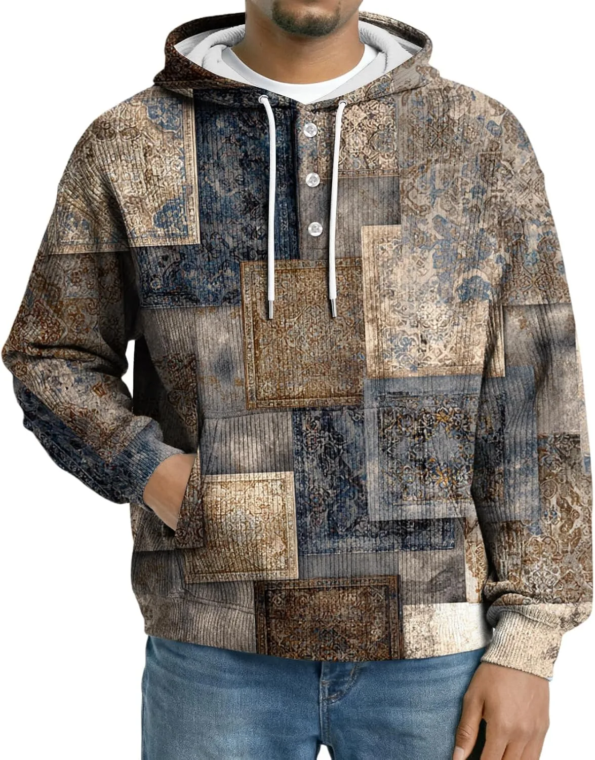 

Мужской худи с принтом на шнурке, теплый с длинными рукавами и карманами, Plus Size