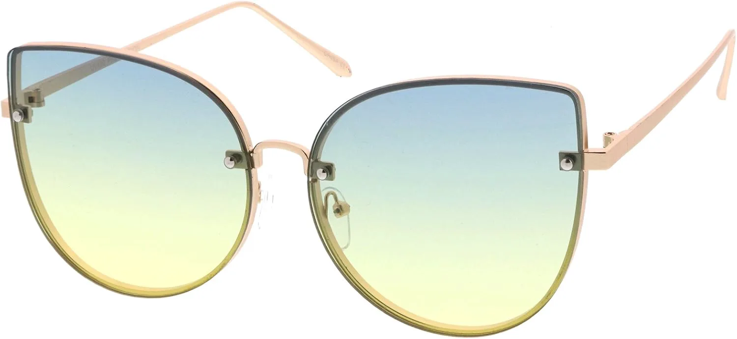 

Женские солнцезащитные очки zeroUV Oversize Slim Metal Rimless с градиентными плоскими линзами и оправой «кошачий глаз», диаметр линз 61 мм, Gold / Blue-yellow