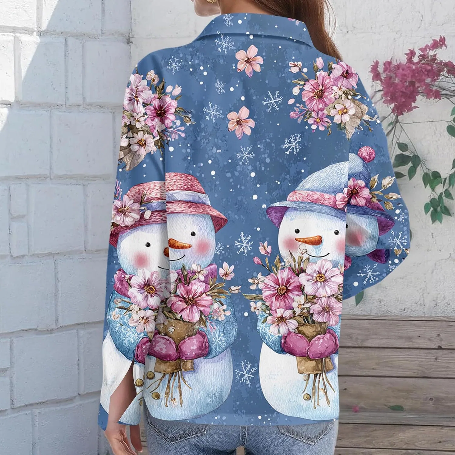Женская блуза с рождественским принтом, Long Sleeve, Casual Oversized, Button Down, 1-sky Blue — фото 4
