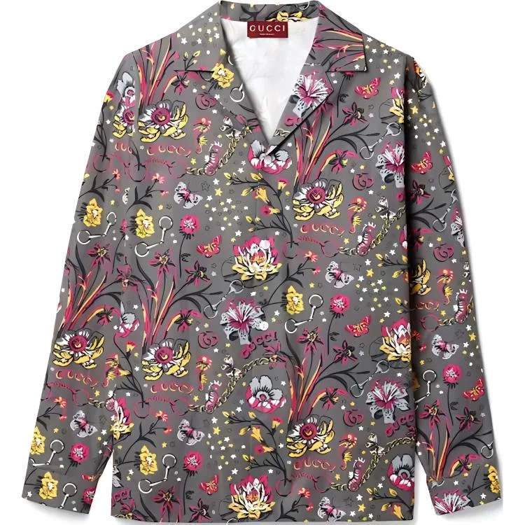 Рубашка GUCCI с цветочным панк-принтом, весна, осень, Gray Pink — фото 3