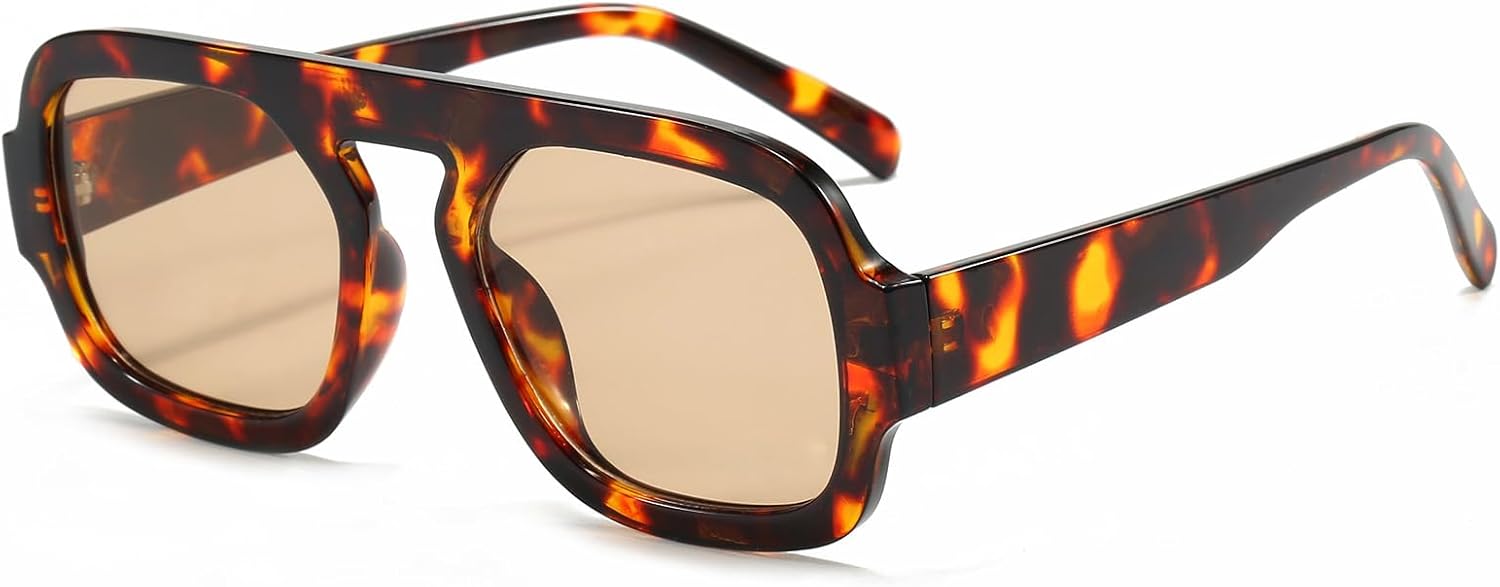 

Солнцезащитные очки Long Keeper Retro Square Pilot для женщин и мужчин, авиационные квадратные солнцезащитные очки с плоской верхней частью, прямоугольные, винтажные, в стиле 70-х, Leopard Frame - Champagne Lens