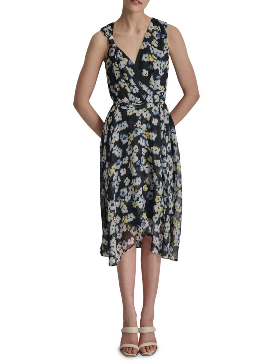 

Асимметричное платье миди с цветочным узлом на плечах DKNY, цвет Navy Lemon