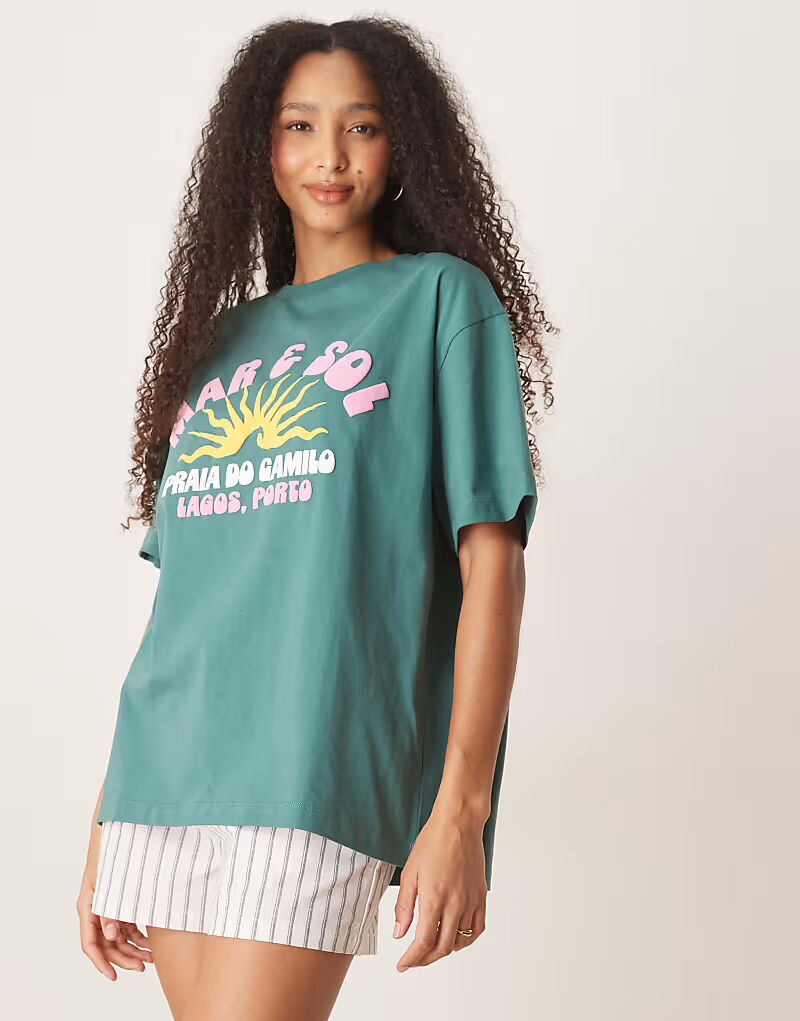 

Футболка свободного кроя ASOS DESIGN зеленого цвета с изображением солнца