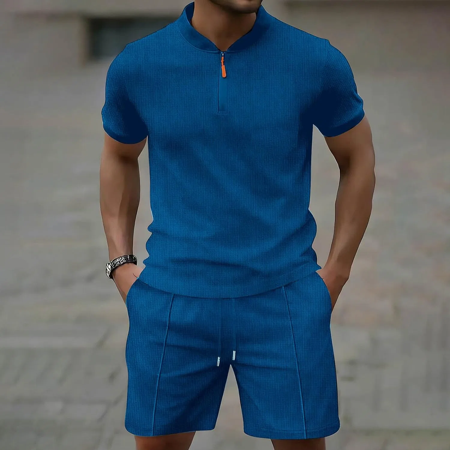 Мужской спортивный комплект из поло и шорт, хлопок и полиэстер, Blue — фото 2
