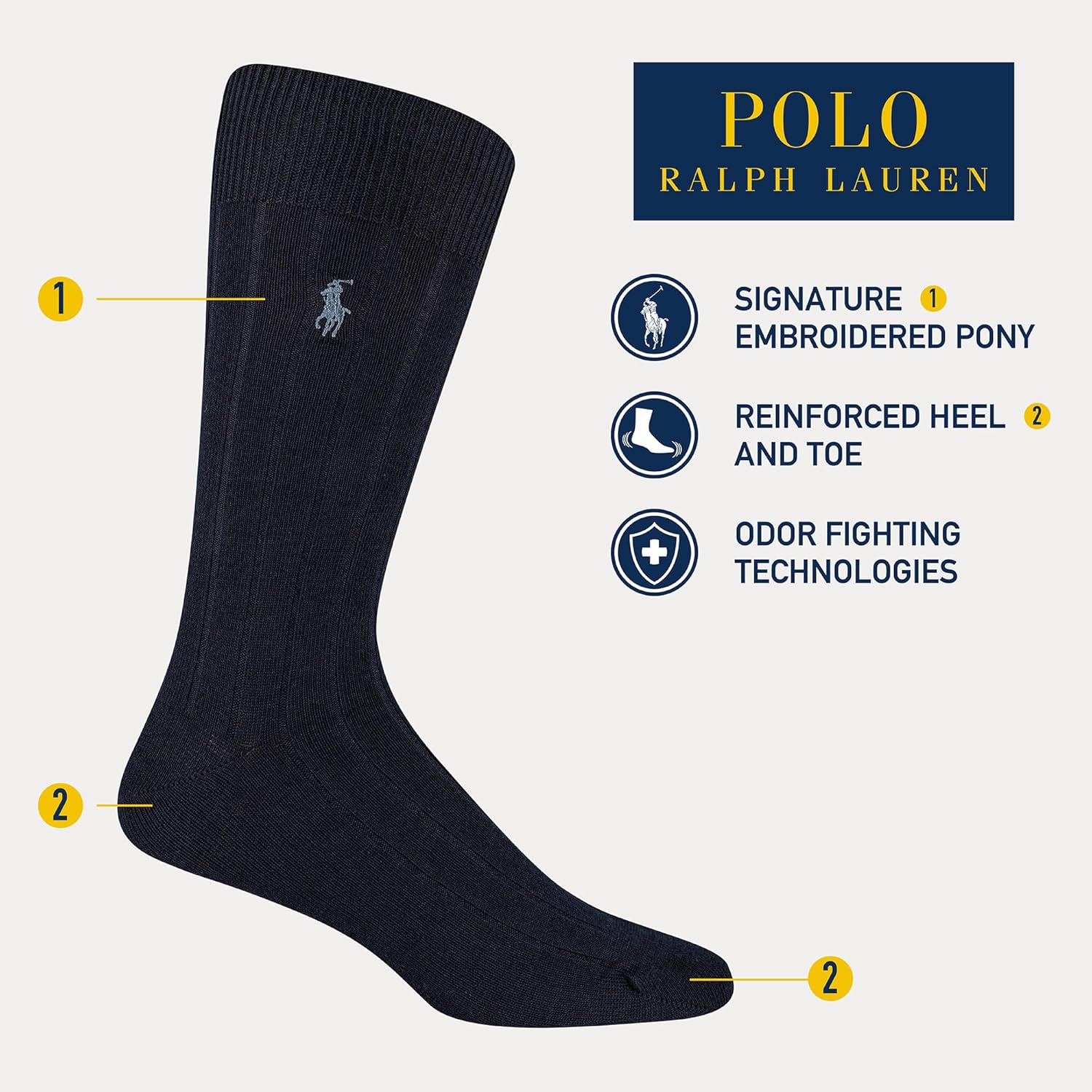 POLO RALPH LAUREN Мужские ребристые классические носки Crew (3 пары), Black — фото 2