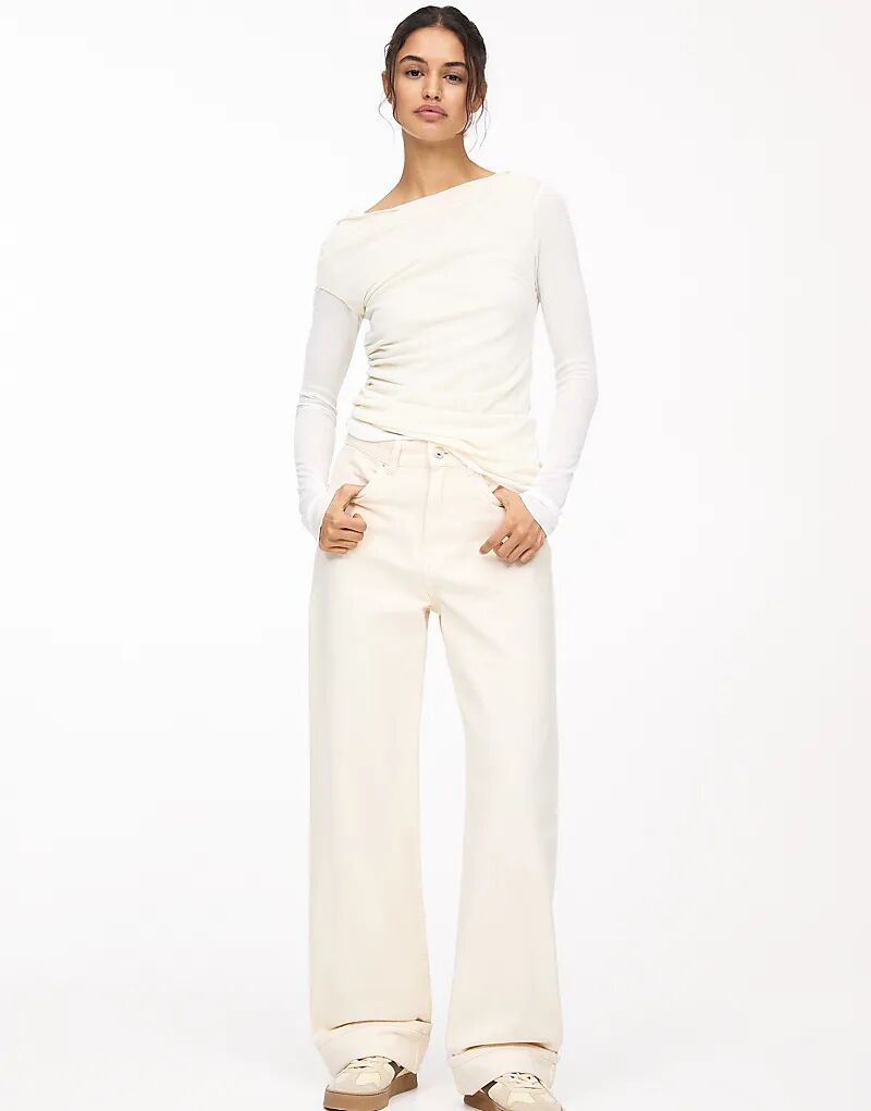 

Прямые мешковатые джинсы Pull&Bear с отворотами бежевого цвета