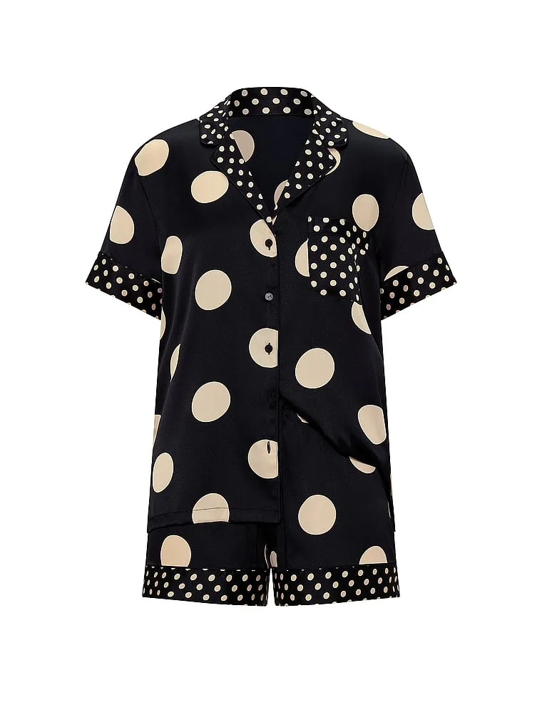 Фирменный атласный короткий пижамный комплект Victoria'S Secret, Signature Satin Black & Tan Dots — фото 4