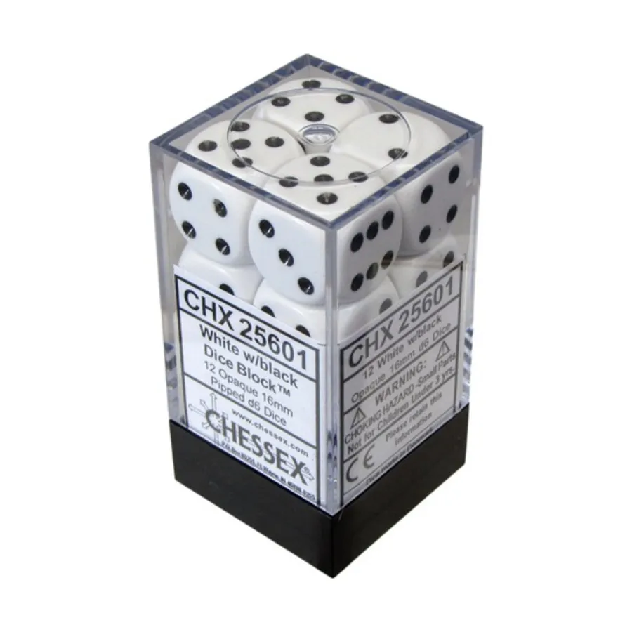 

d6 16 мм Белый с черным (12), Dice - Opaque - d6 16mm (Chessex)