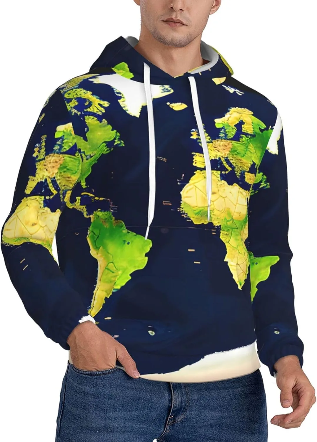 

Мужская флисовая толстовка с капюшоном, черная, с карманом и принтом карты мира SamLng