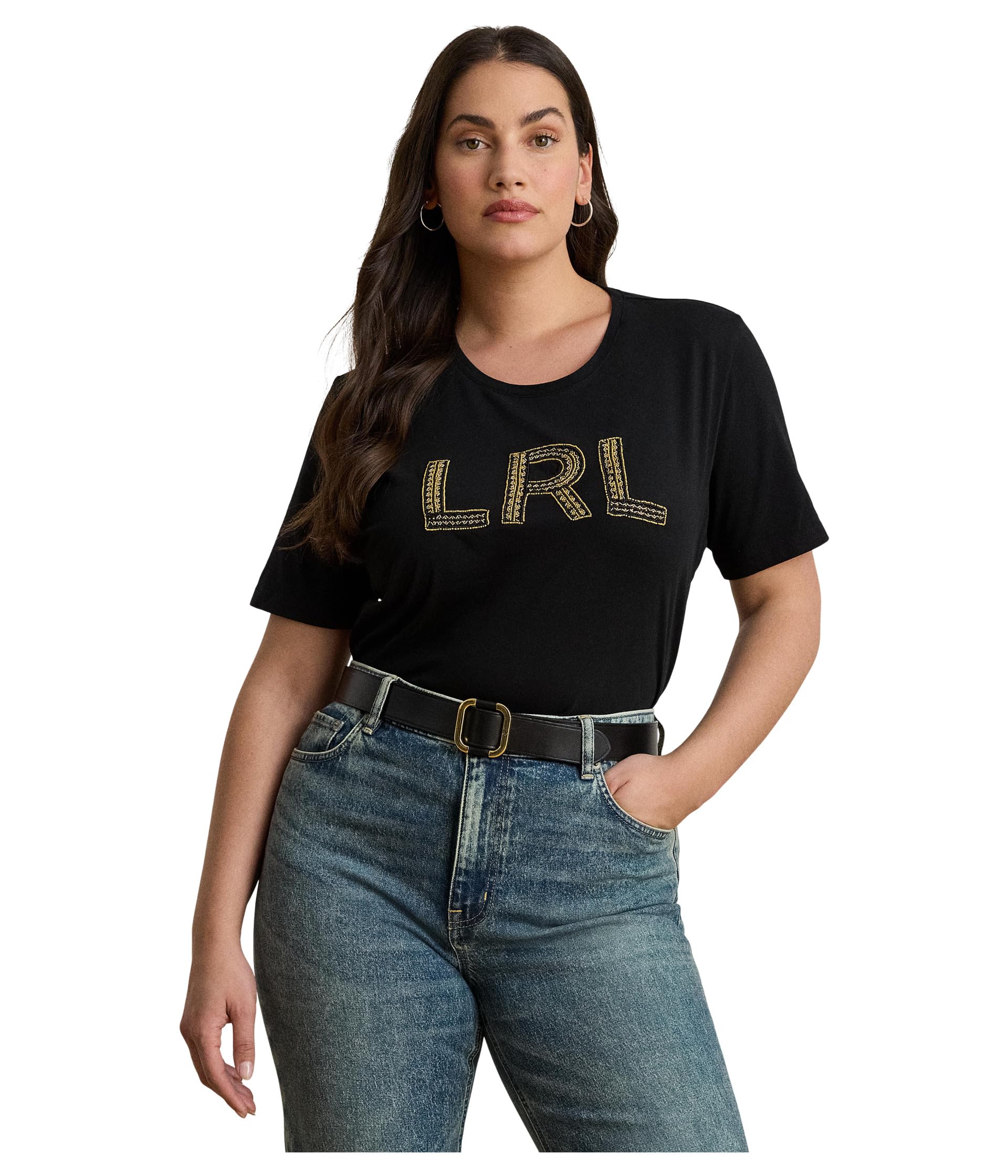 

Футболка Lauren Ralph Lauren Plus Size Beaded-Logo Cotton Jersey Tee, черный
