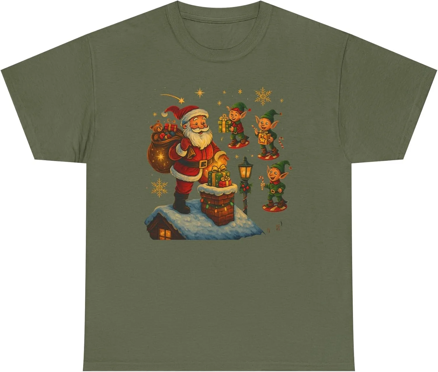 Футболка Vintage Santa с эльфами | Иллюстрация рождественского камина