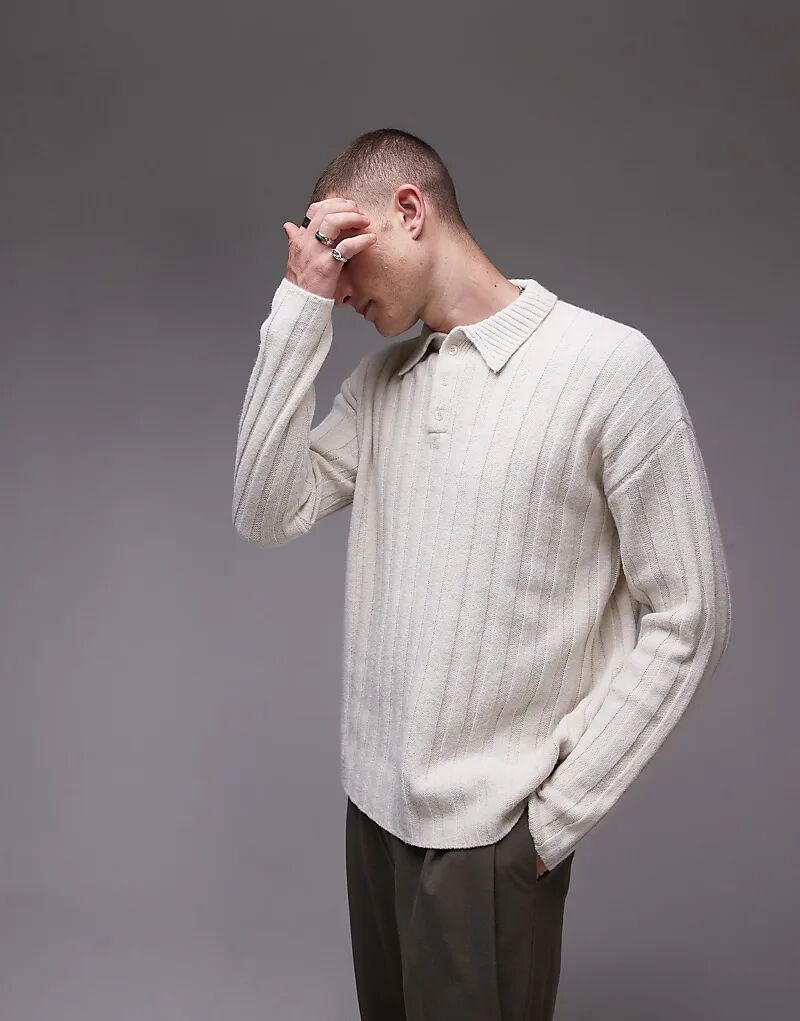 

Свободный джемпер-поло в рубчик цвета экрю Topman