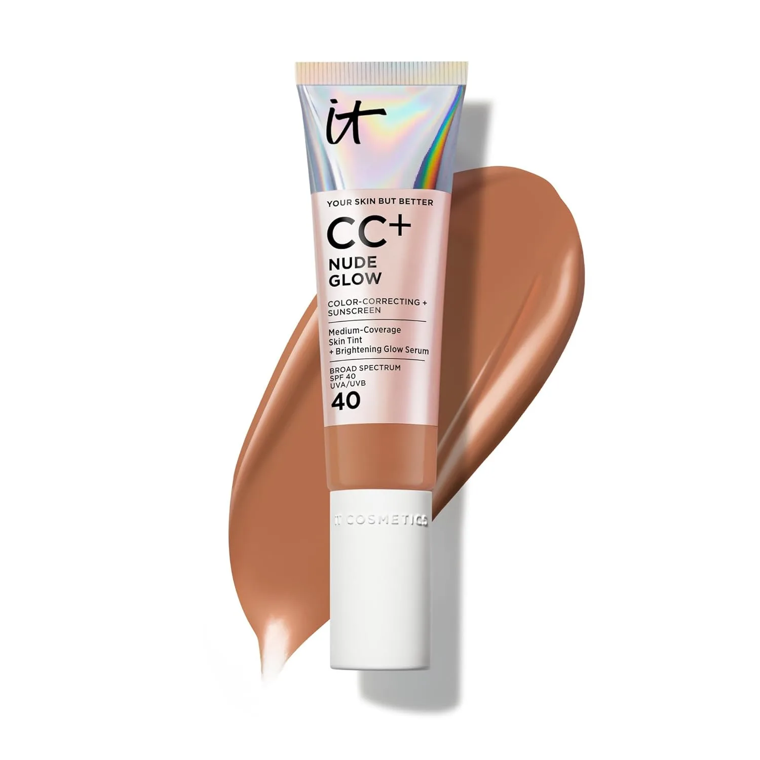 IT Cosmetics CC+ Nude Glow тональная основа среднего покрытия с SPF 40 и сывороткой для сияния, легкий тон, 2% ниацинамид и гиалуроновая кислота, увлажнение до 24 часов, для нормальной и сухой кожи, 32 мл, 25 Deep (deep complexion with neutral u...