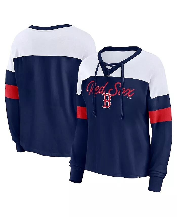 

Женская темно-синяя белая футболка Boston Red Sox Even Match со шнуровкой и длинным рукавом с v-образным вырезом Fanatics
