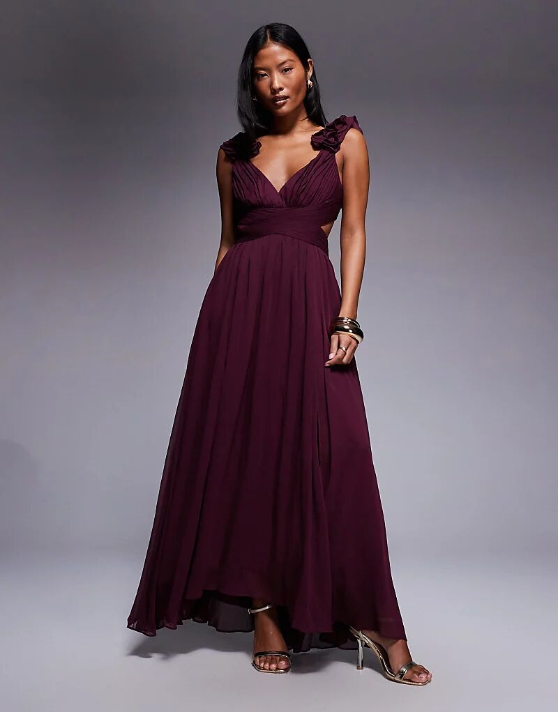 

Платье мидакси Forever New Petite с оборками на плечах в цвете портвейн