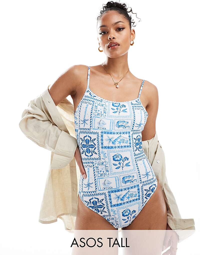

ASOS DESIGN Tall – Soleil – синий купальник на тонких бретельках