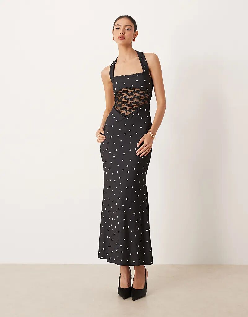 

Платье макси ASOS DESIGN с принтом, халтер-воротом и кружевной вставкой в ​​горошек